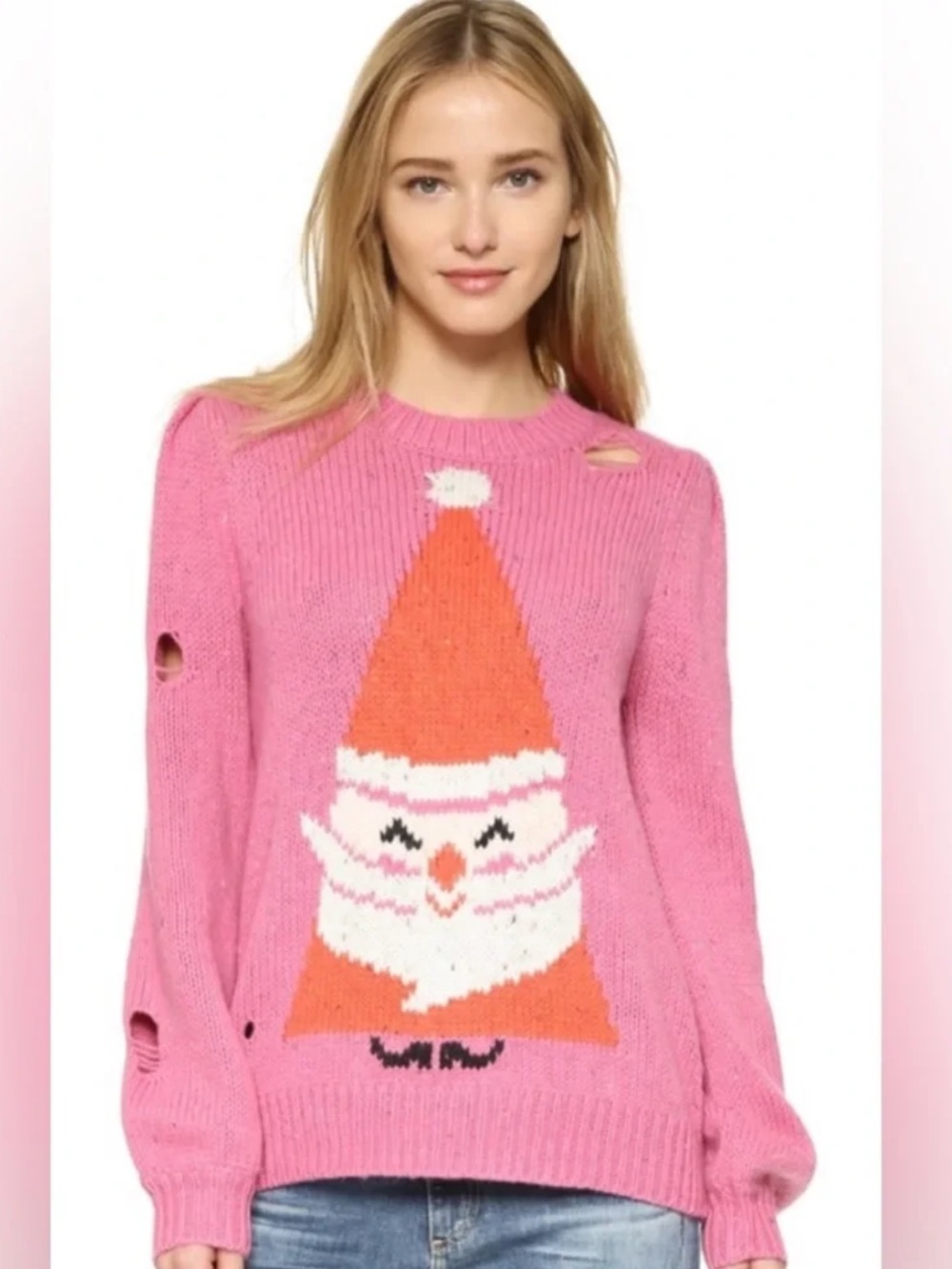 Brand New Wildfox ‘Jingle Man’ Pink Distressed Sweater Xsmall